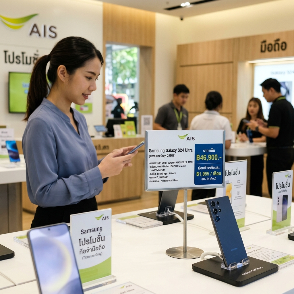 ป้ายราคาสินค้าในร้านมือถือ แสดงสเปก ราคาเต็ม และราคาผ่อนต่อเดือนชัดเจน