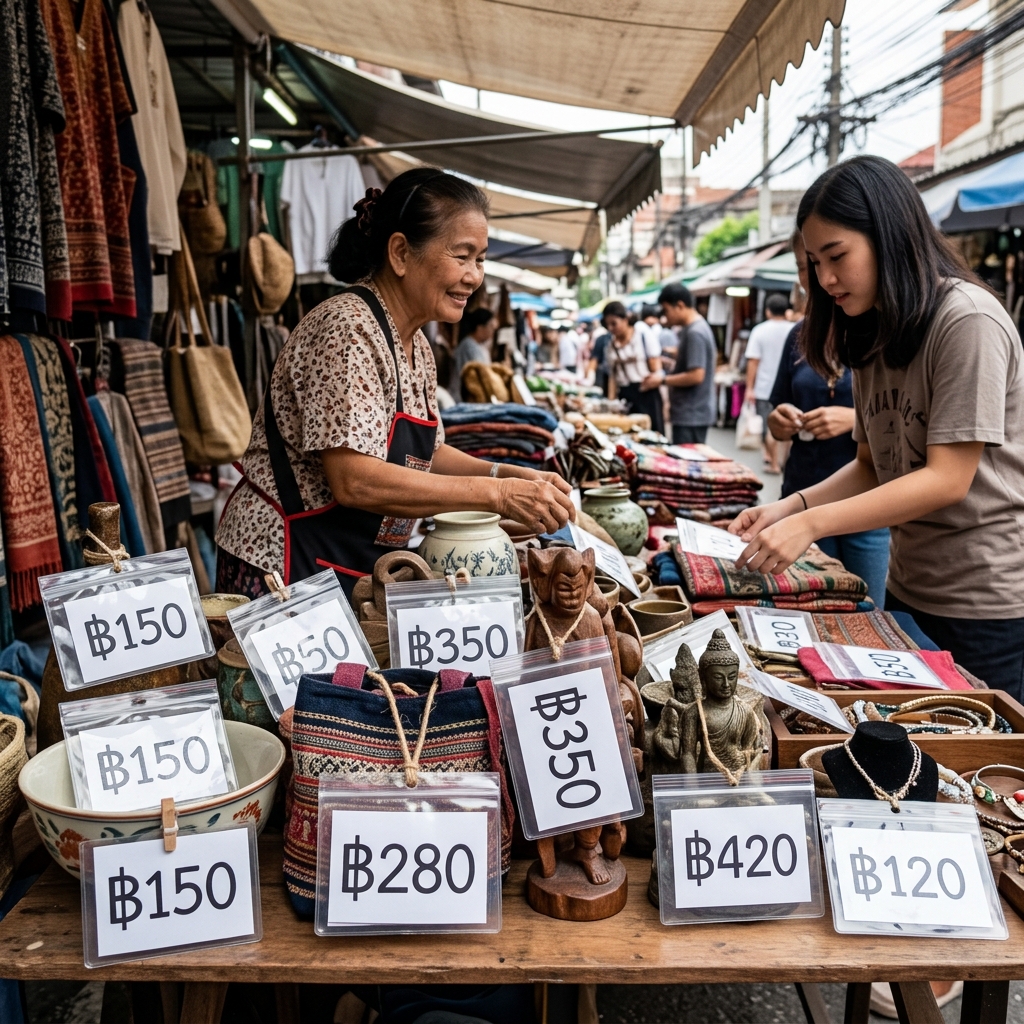 ป้ายราคาบนแผงตลาดนัด ใส่ซองพลาสติกกันน้ำ แสดงราคาตัวใหญ่ชัดเจน