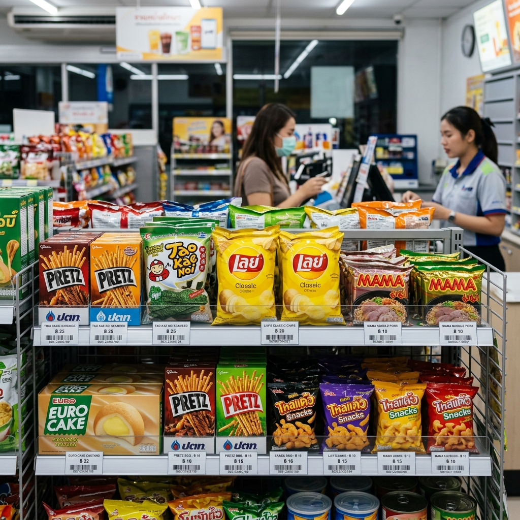 ป้ายราคาสินค้าบนชั้นวางมินิมาร์ทในปั๊มน้ำมัน จัดเรียงเป็นระเบียบและอ่านง่าย