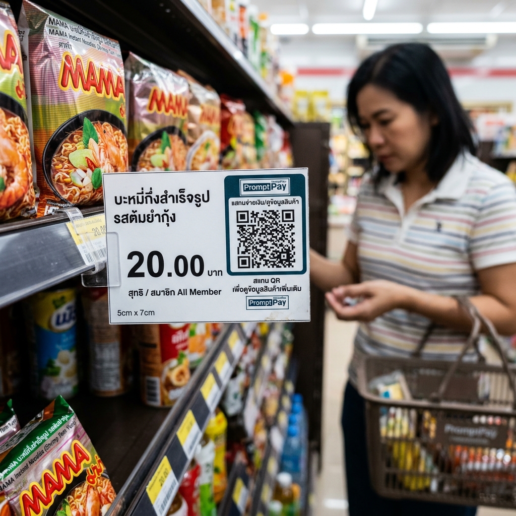 ป้ายราคาสินค้าที่มี QR Code สำหรับสแกนจ่ายเงินและดูข้อมูลสินค้า