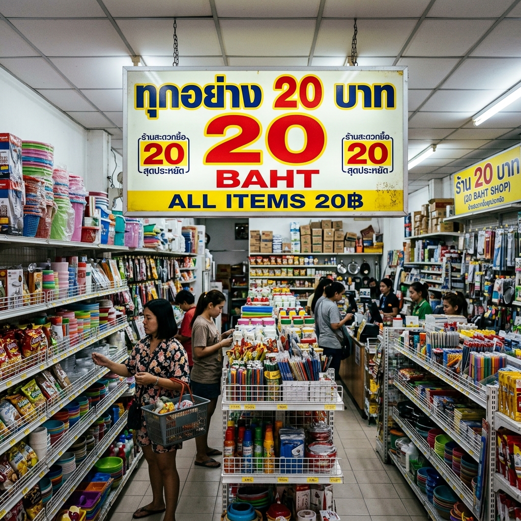 ป้ายบอกโซนราคาขนาดใหญ่ในร้านทุกอย่าง 20 บาท แขวนเหนือชั้นวางสินค้า