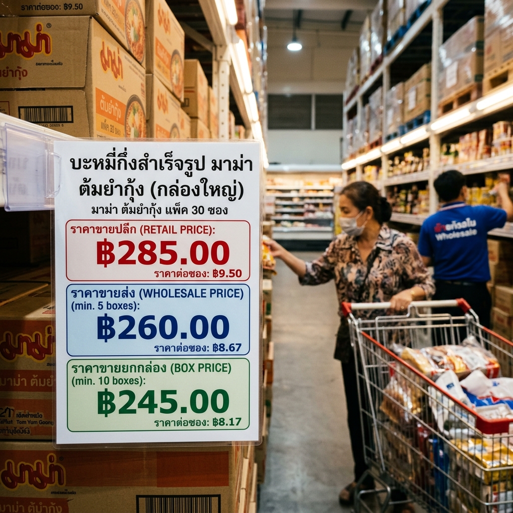 ป้ายราคาร้านขายส่งแสดงราคาปลีก ราคาส่ง และราคายกลังในป้ายเดียว